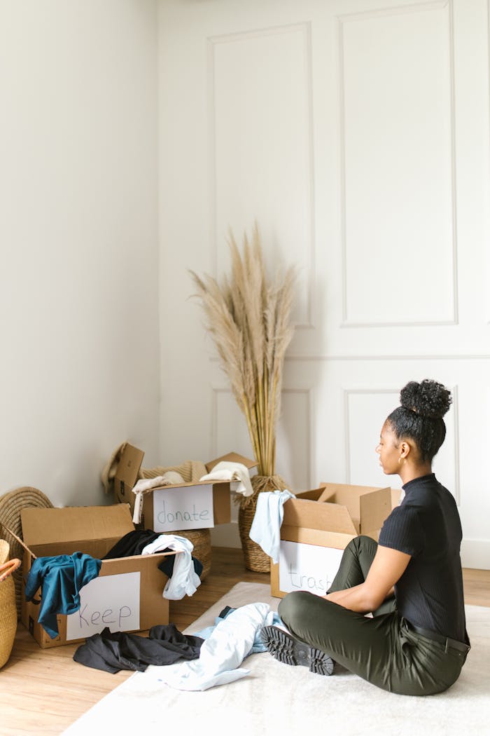 A woman sorts clothes into labeled boxes for donation in a bright room.